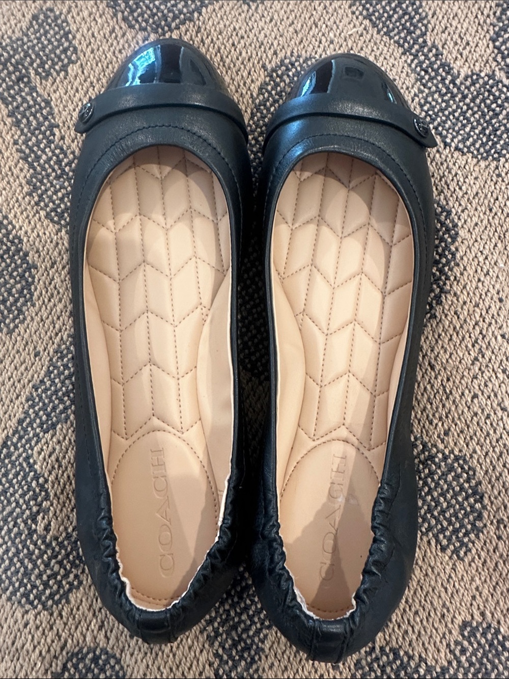 Women’s Black Coach Leather Ballet Flats with Patent Toe.  7.5